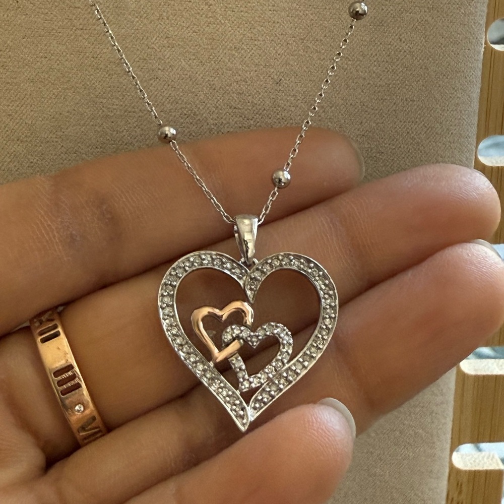 10k Gold & 925 Silver Interlocking Diamond Heart Necklace